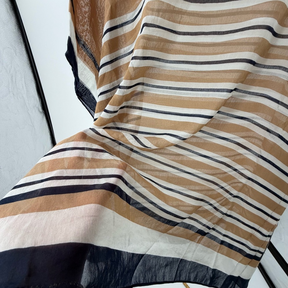 Talbots Sheer Striped Poncho Top Tan Navy Blue White Gauze One Size OS - Picture 2 of 5